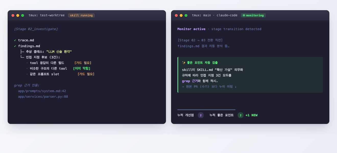 모니터링 중인 Claude Code가 진행 중인 스킬에서 좋은 포인트(확산 가설 의무화 동작)를 자동 검출